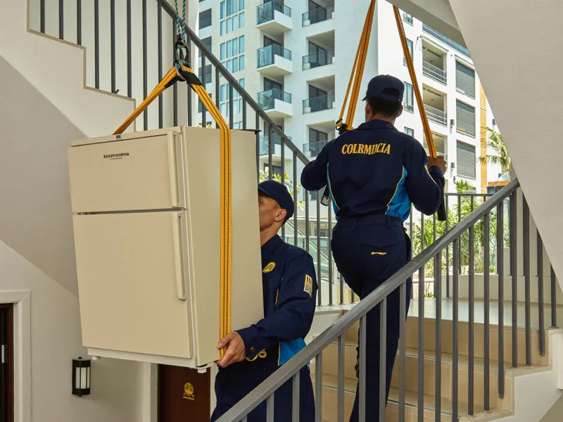 Operarios transportando una nevera con correas de carga